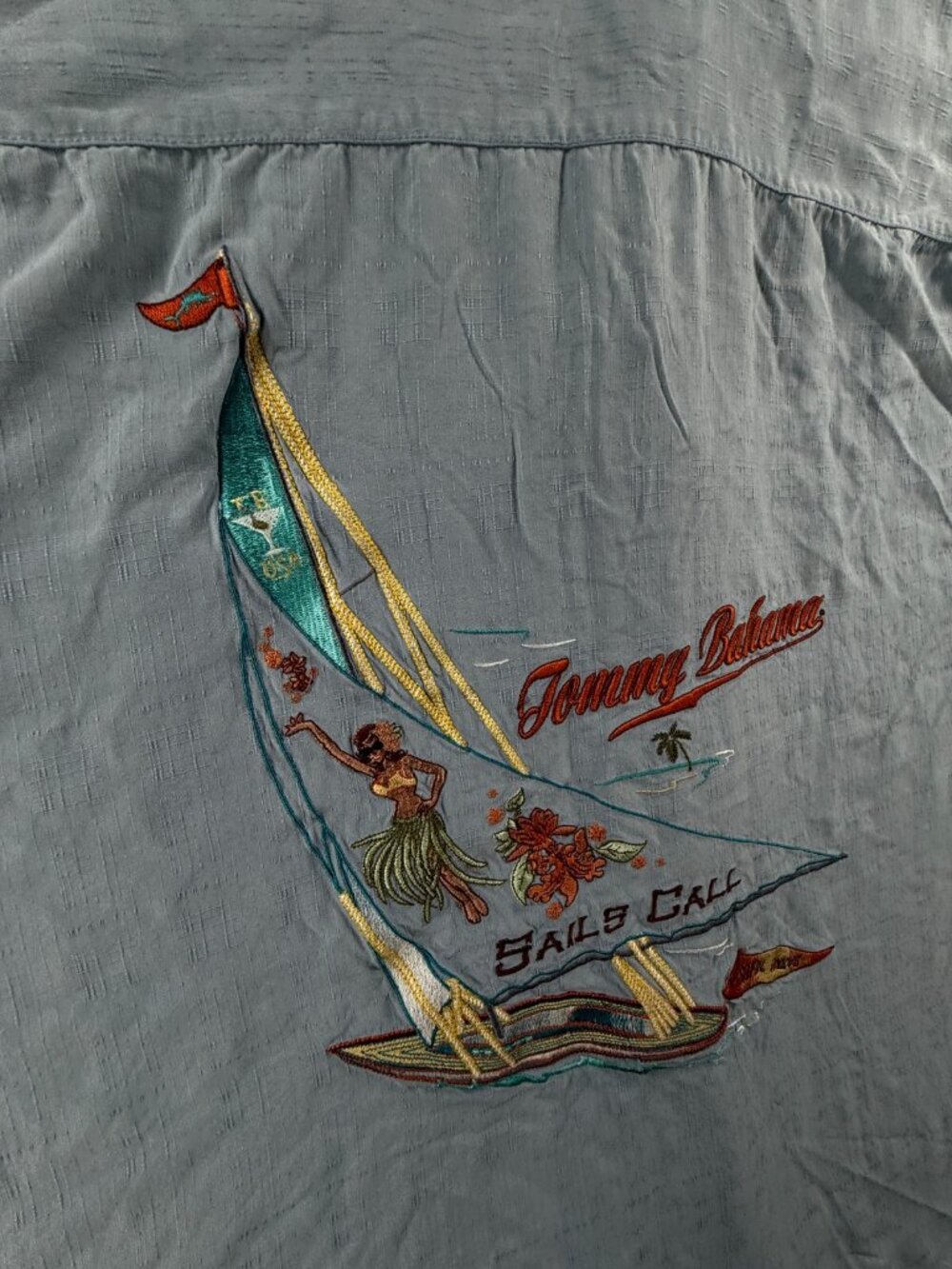 Tommy Bahama Sails Call Hula Girl Embroidered Hawaiian Shirt Blue 2XL Silk Adult - Picture 4 of 16